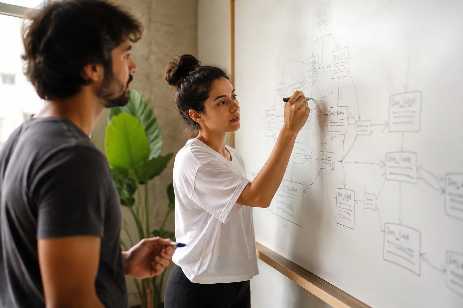Duas pessoas diante de um quadro branco com um mapa de argumento desenhado à mão