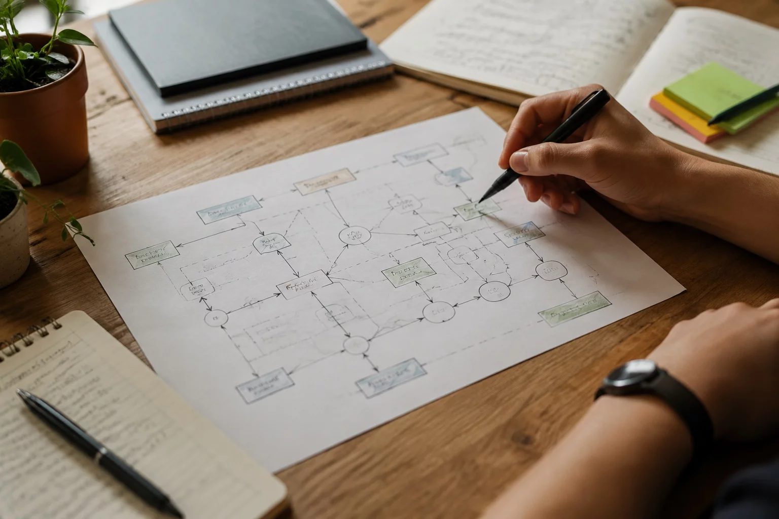 Vista de cima de uma mesa com um diagrama de lógica desenhado à mão