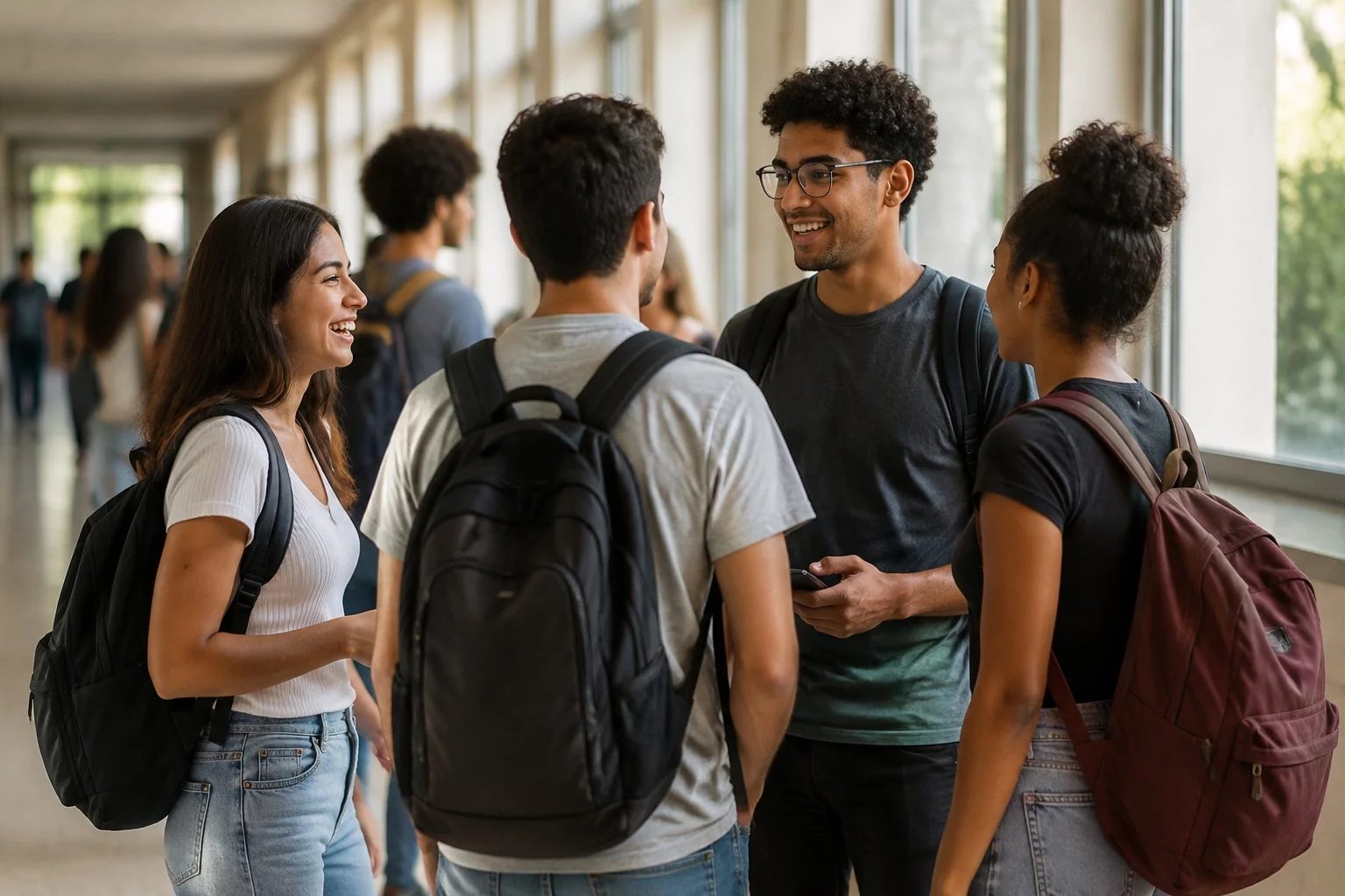 Estudantes com mochilas conversando no corredor de uma universidade