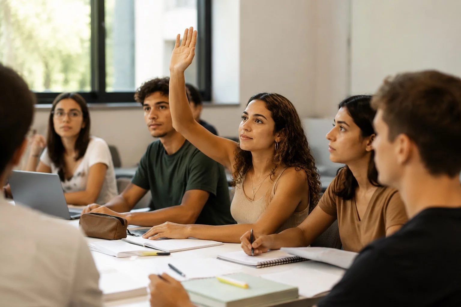 Estudante levantando a mão em uma mesa de seminário coberta de anotações