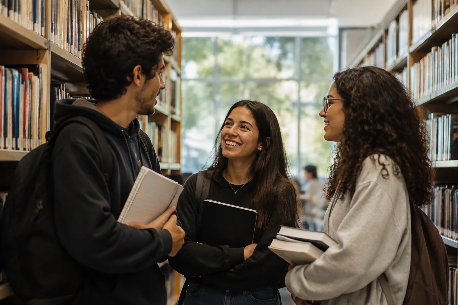 Estudantes conversando em pé entre as estantes de uma biblioteca