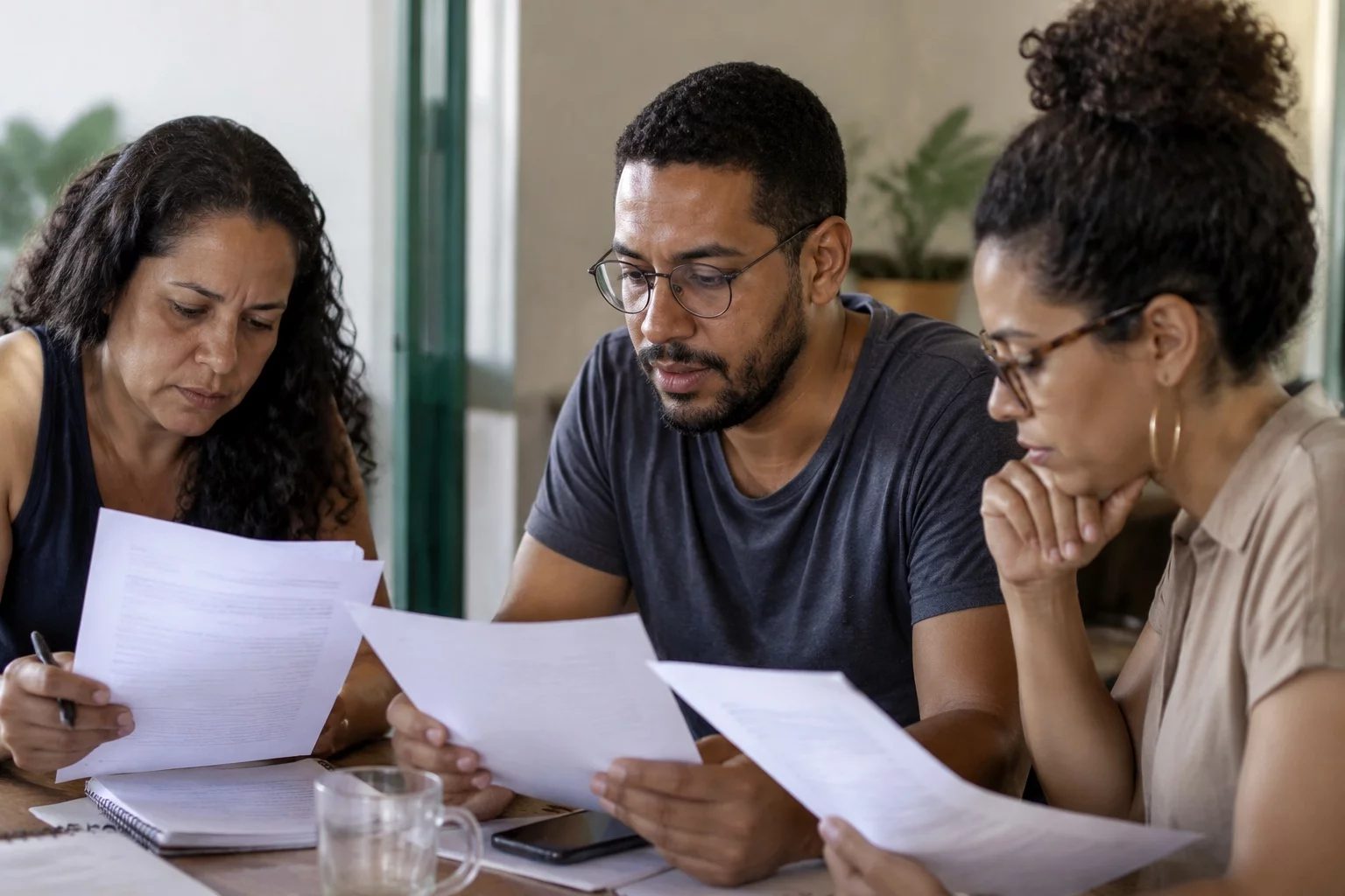 Grupo pequeno lendo páginas impressas de argumentos ao redor de uma mesa
