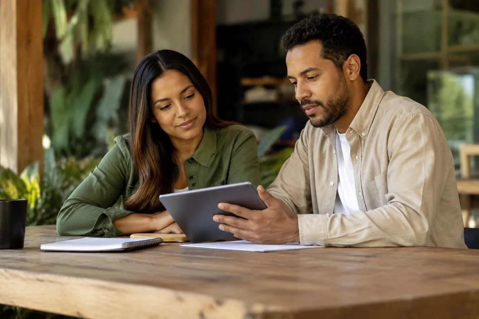 Duas pessoas revisando anotações em um tablet sobre uma mesa de madeira